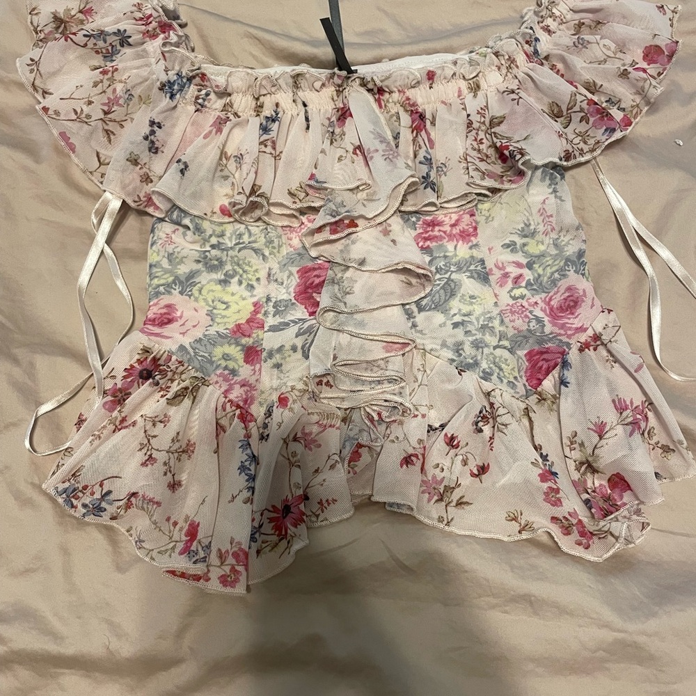 Anthropologie Pink and Cream Floral Ruffle Blouse